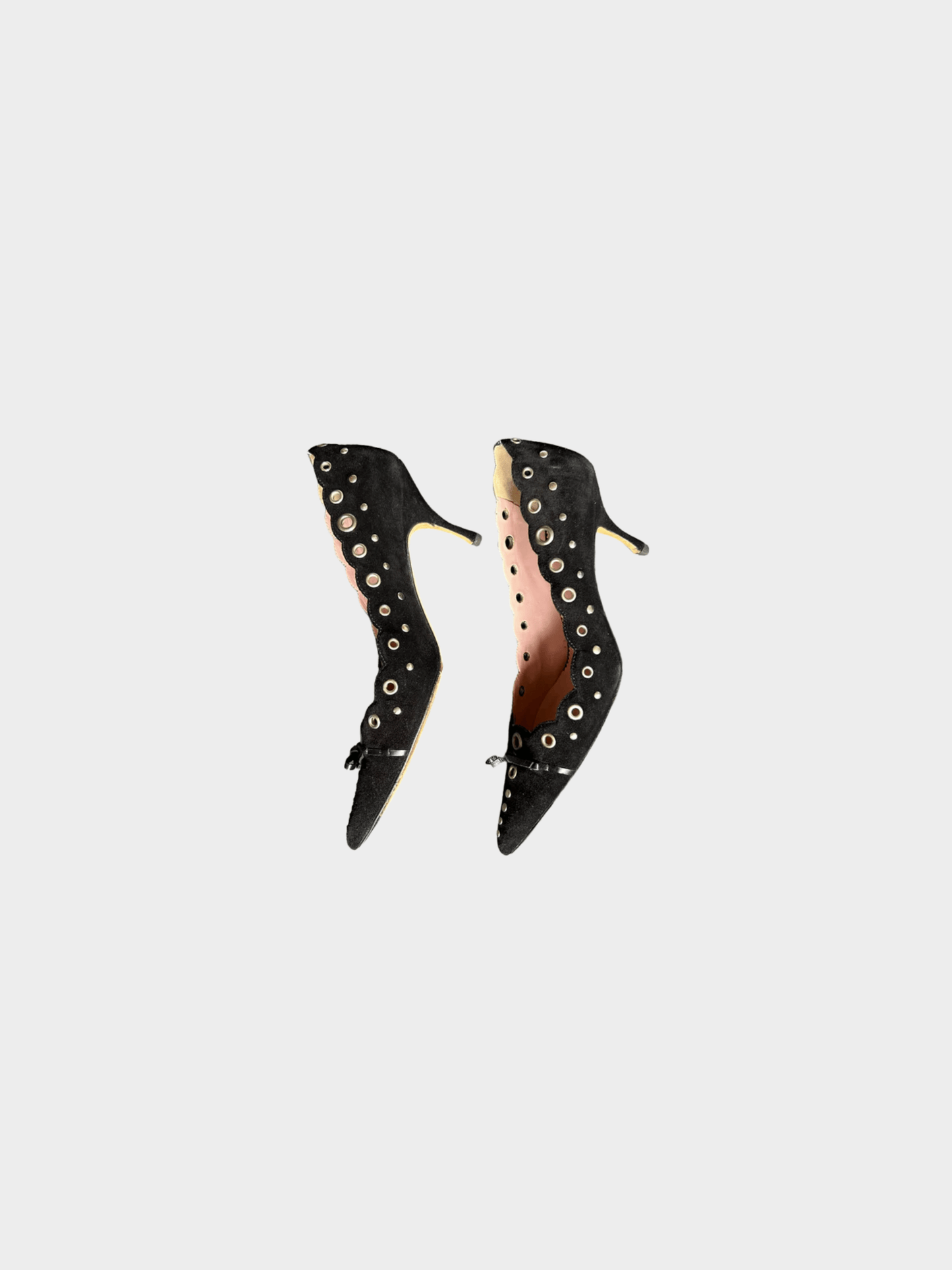Prada 1990s Black Suede Eyelet and Bow Heels