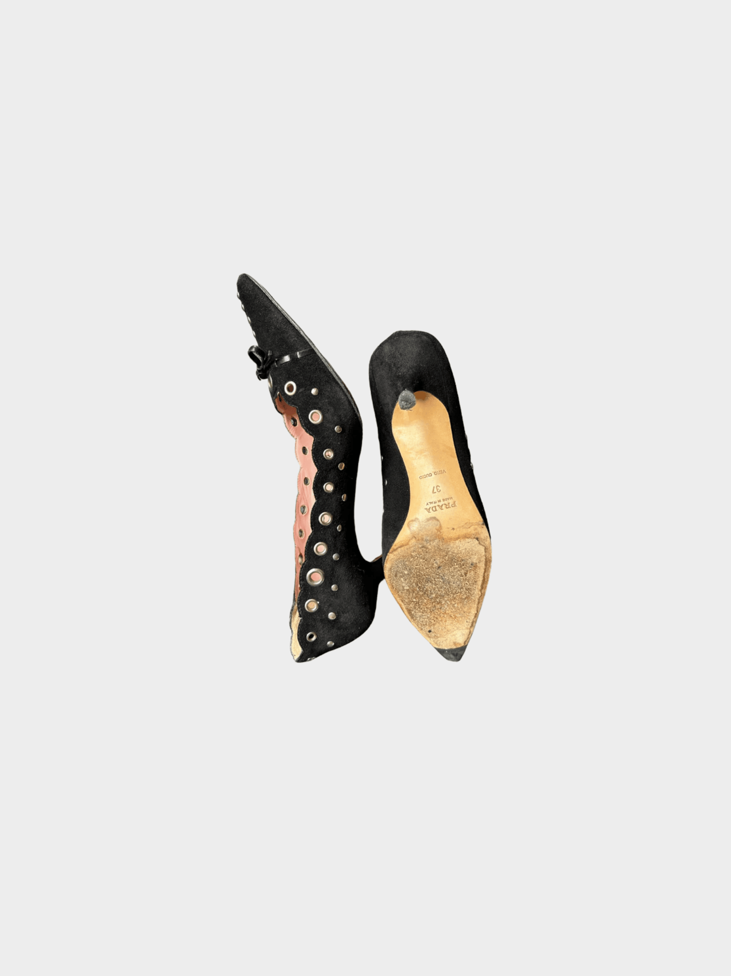 Prada 1990s Black Suede Eyelet and Bow Heels