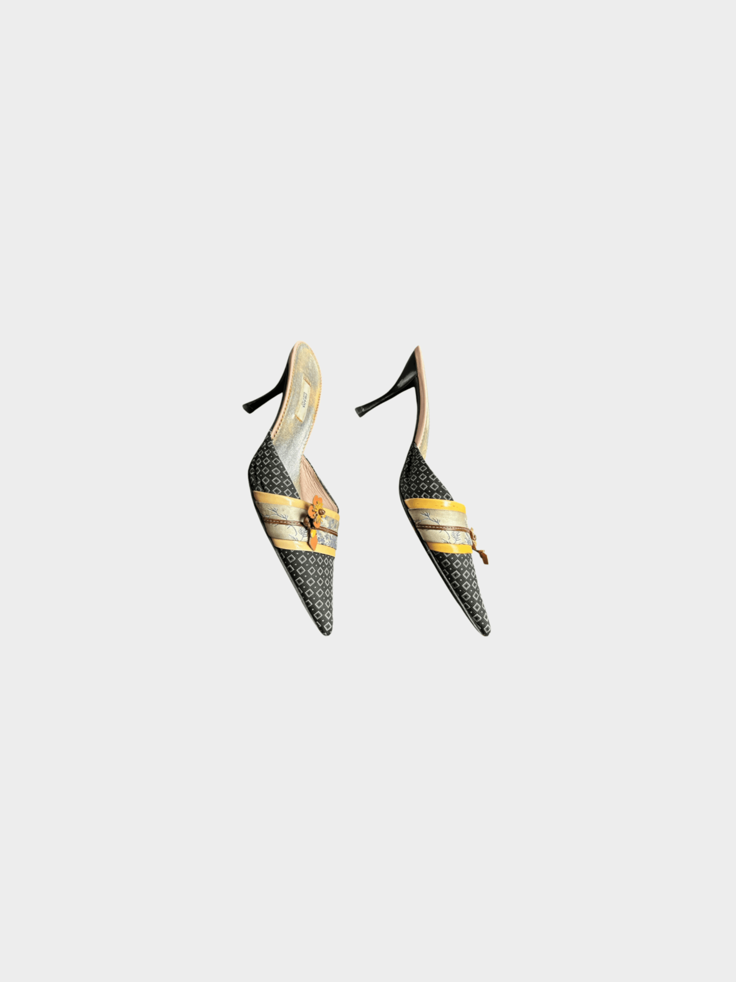 Prada 2000s Black Multi Color Kimono Floral Mules Pumps