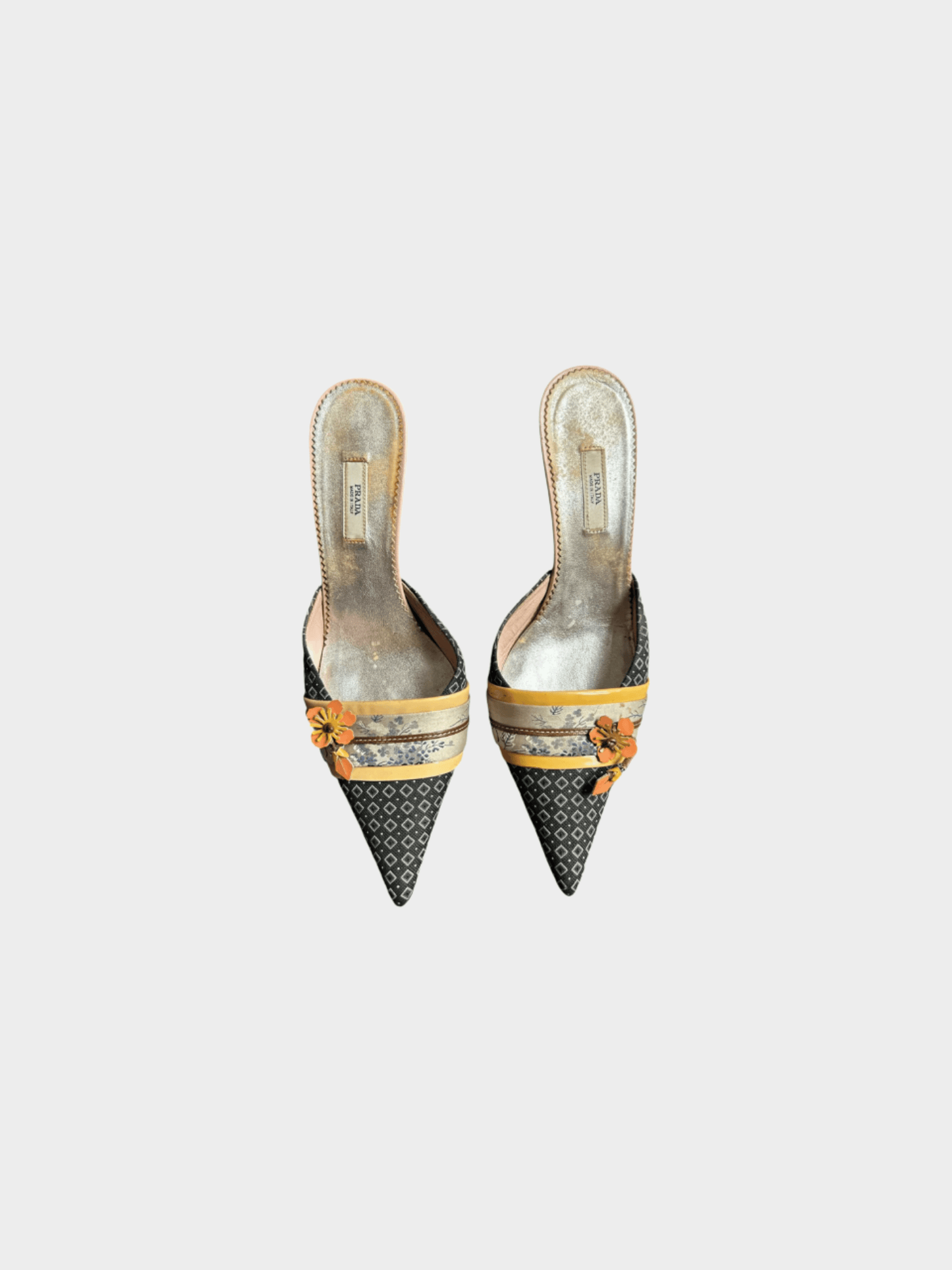 Prada 2000s Black Multi Color Kimono Floral Mules Pumps
