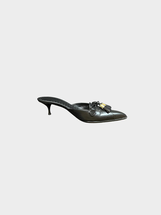 Yves Saint Laurent 2000s Black Leather Tassel Mule Heels