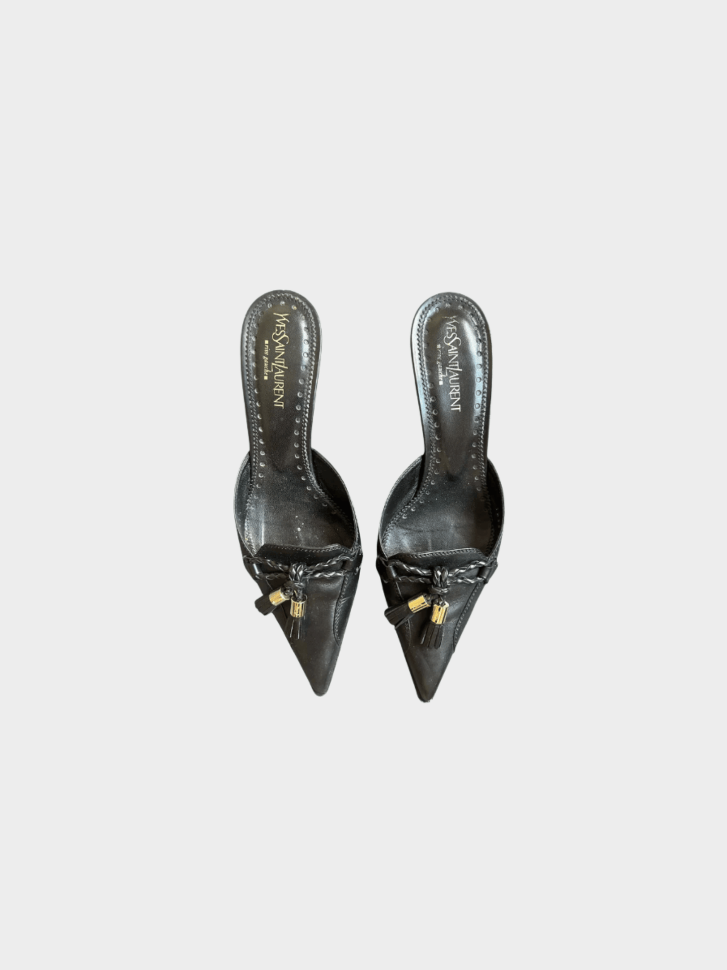 Yves Saint Laurent 2000s Black Leather Tassel Mule Heels