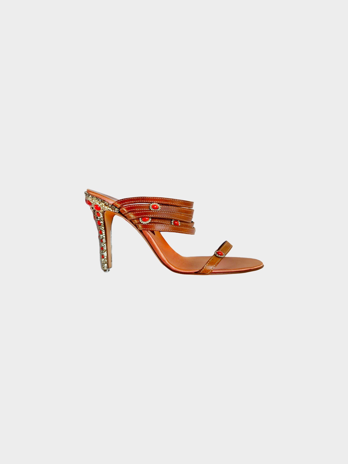 Valentino SS 2002 Runway Coral and Brown Satin Leather Strappy Rhinestone Detail Heels