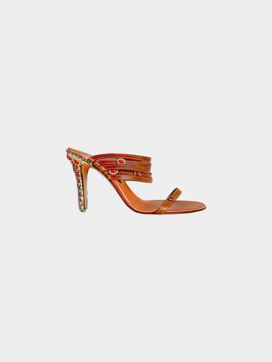 Valentino SS 2002 Runway Coral and Brown Satin Leather Strappy Rhinestone Detail Heels