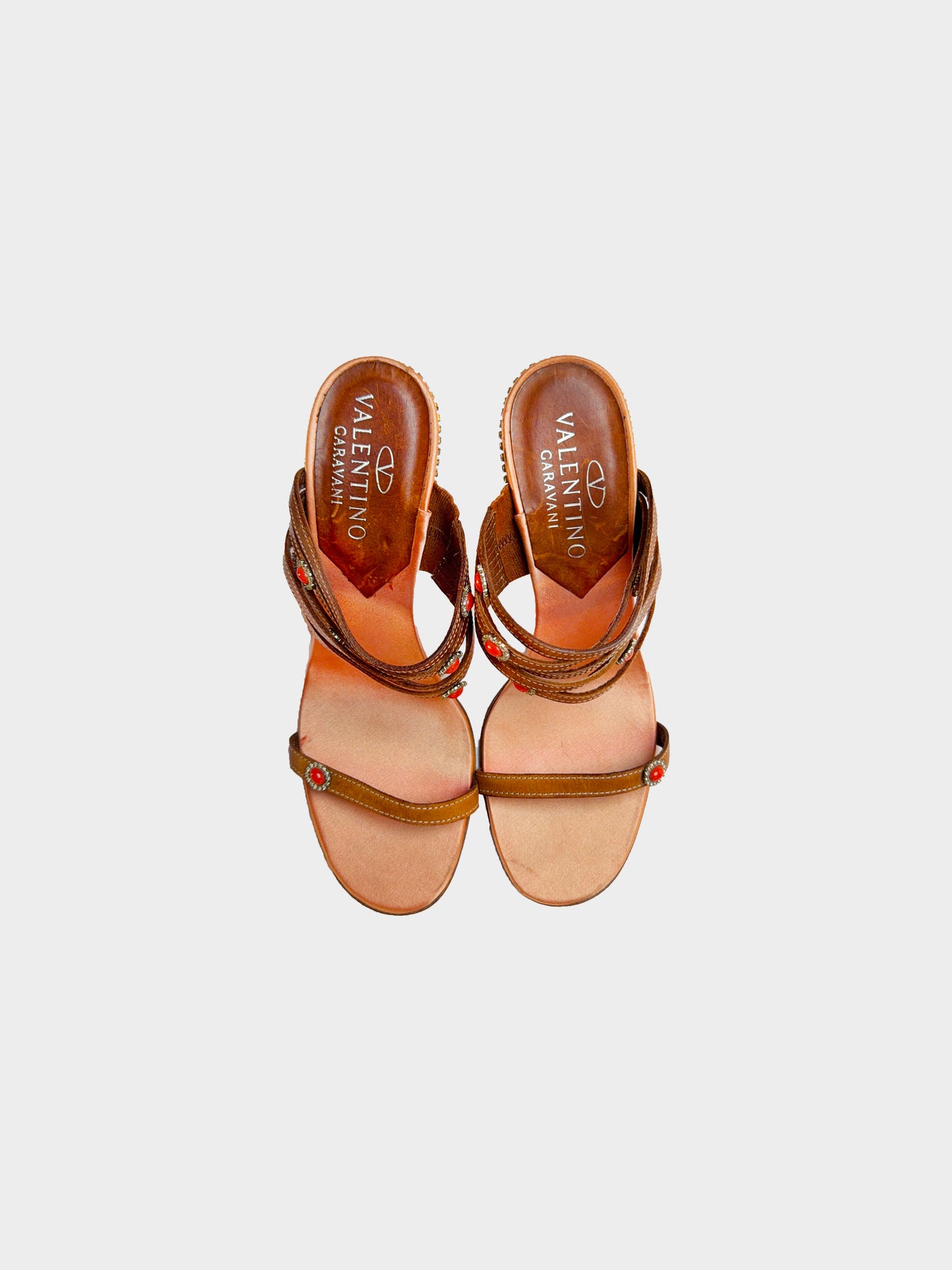 Valentino SS 2002 Runway Coral and Brown Satin Leather Strappy Rhinestone Detail Heels