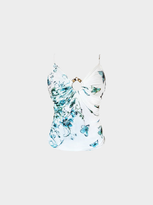 Roberto Cavalli 2005 White and Blue Floral and Butterfly Print Top