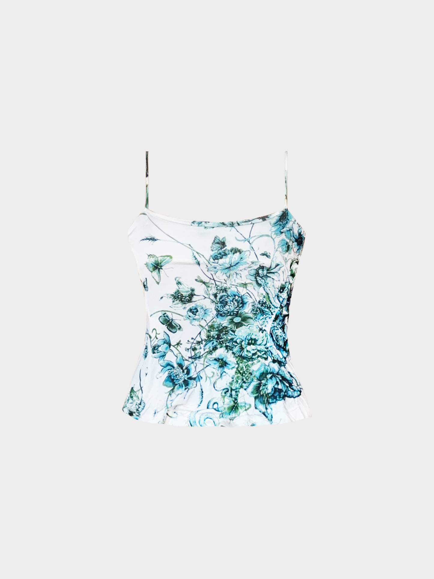 Roberto Cavalli 2005 White and Blue Floral and Butterfly Print Top
