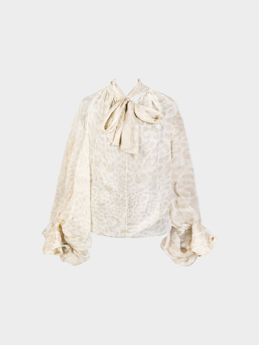 Yves Saint Laurent Late 2000s Beige Cheetah Print Silk Chiffon Long Sleeve Blouse