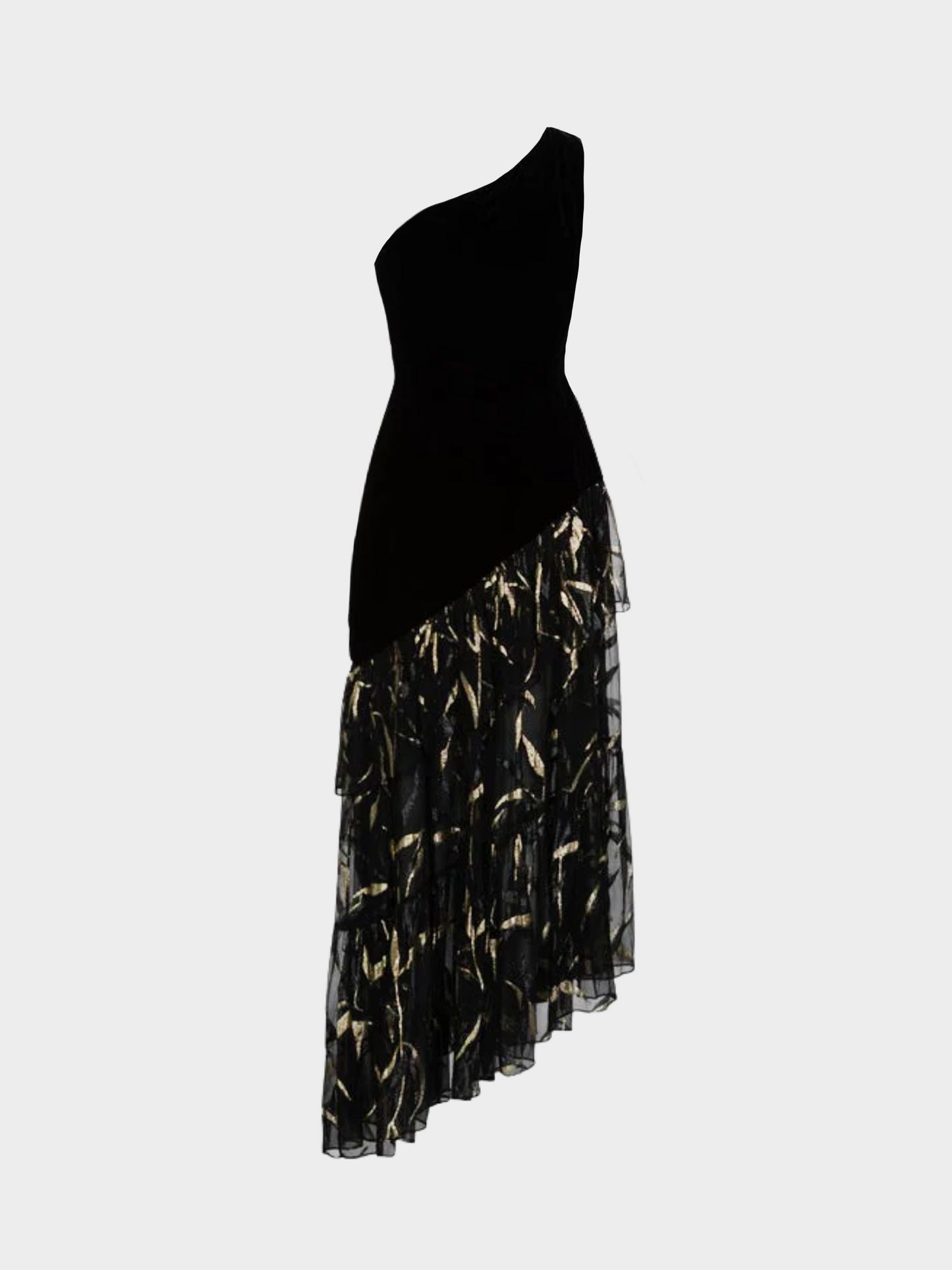 Yves Saint Laurent 1980s One Shoulder Black Velvet Metallic Layered Dress