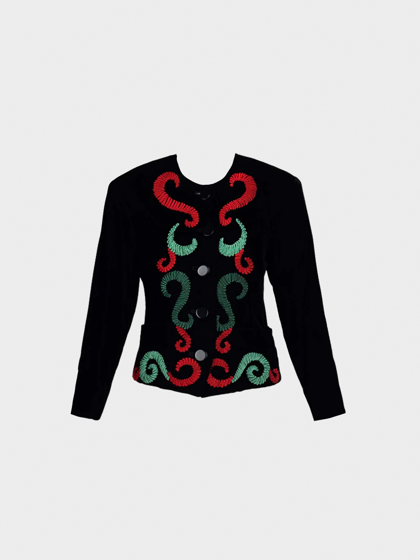 Yves Saint Laurent 1989 Runway Velvet Red and Green Embroidered Jacket