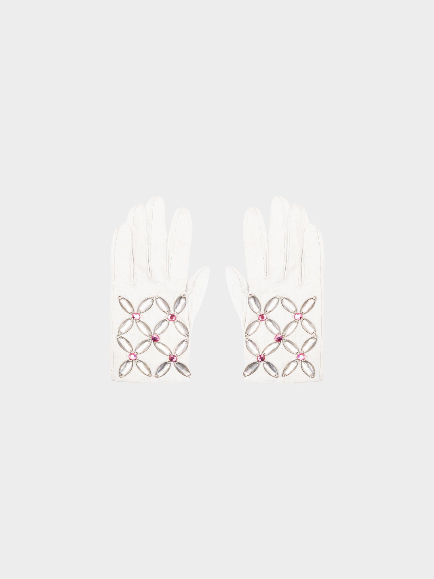 Yves Saint Laurent 2000s Cream White Lambskin Leather Rhinestone-embellished Gloves