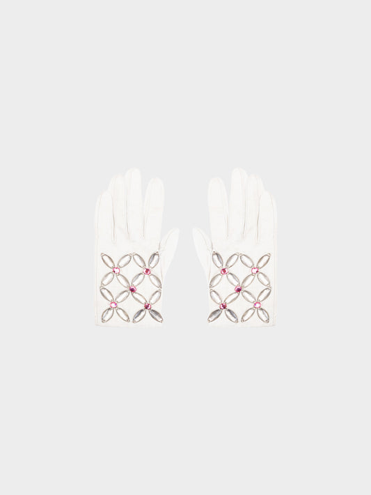 Yves Saint Laurent 2000s Cream White Lambskin Leather Rhinestone-embellished Gloves