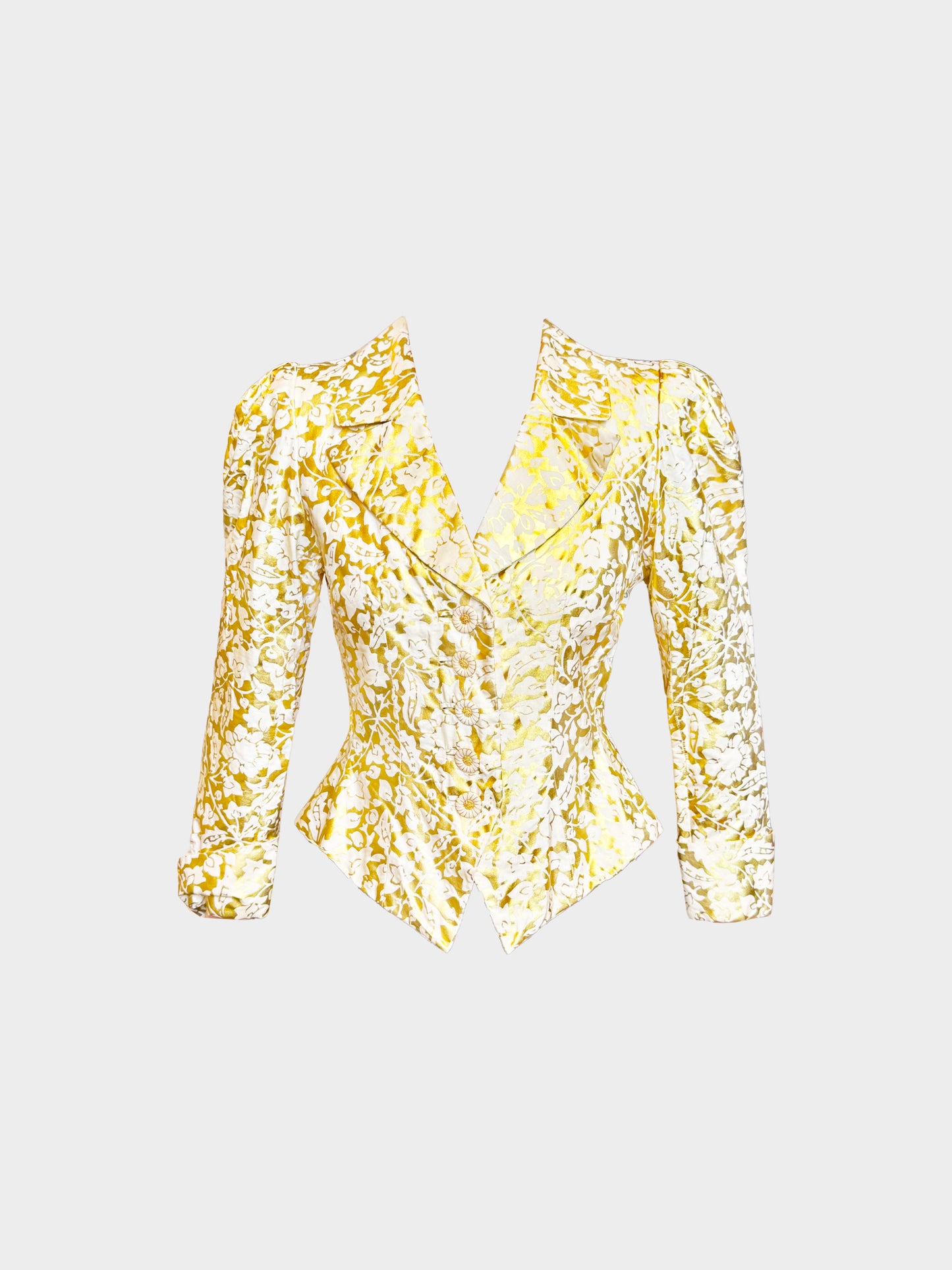 Yves Saint Laurent FW 1992-1993 Rive Gauche Metallic Gold Foil and Ivory Floral Print Jacket
