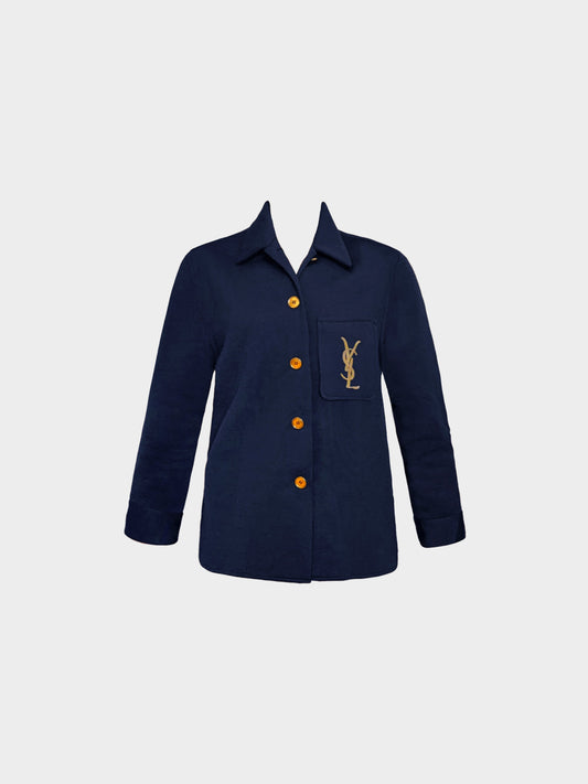 Yves Saint Laurent 2019-2020 Dark Blue Wool Logo-Embroidered Jacket