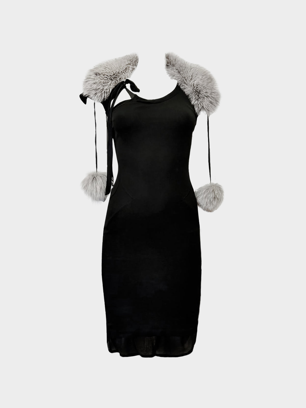 Yves Saint Laurent by Tom Ford FW 2004 Black Dress with Mink Fur Collar and Pom Pom Ties
