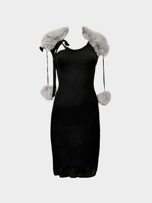 Yves Saint Laurent by Tom Ford FW 2004 Black Dress with Mink Fur Collar and Pom Pom Ties