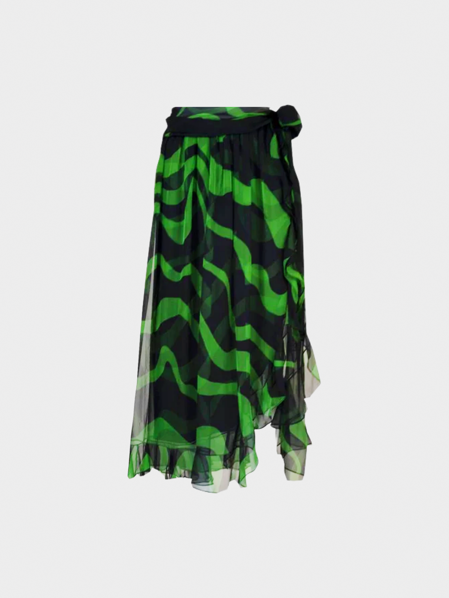 Yves Saint Laurent 2004 Black and Green Silk Chiffon Ruffle Trim Sash Skirt