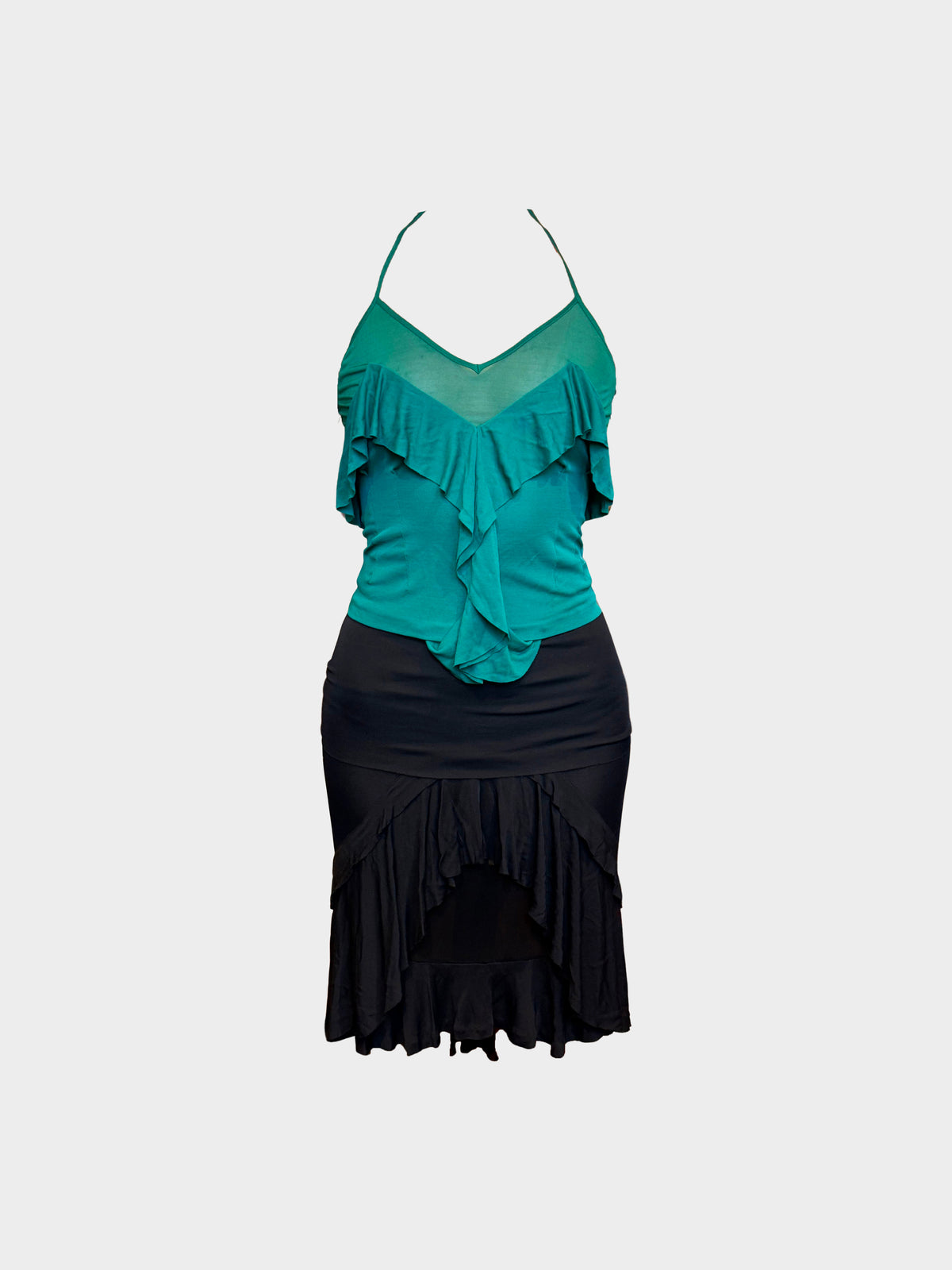 Yves Saint Laurent Rive Gauche Early 2000s Green Top and Black Skirt Ruffled Set