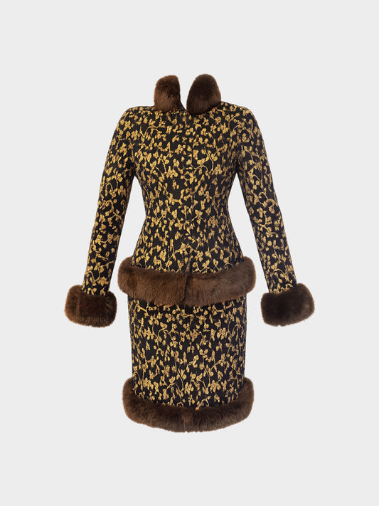 Yves Saint Laurent 1998 Rive Gauche Vine Printed Jacket and Skirt Set with Fur Trim
