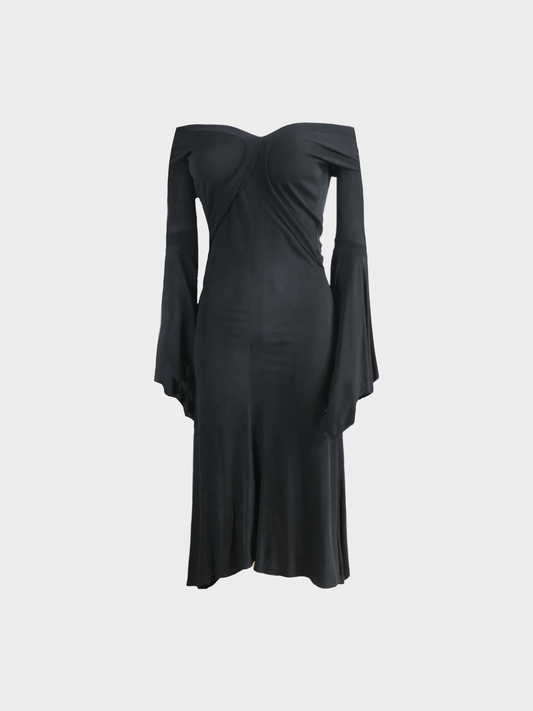 Yves Saint Laurent by Tom Ford 2003 Black Jersey Bell Sleeve Midi Dress