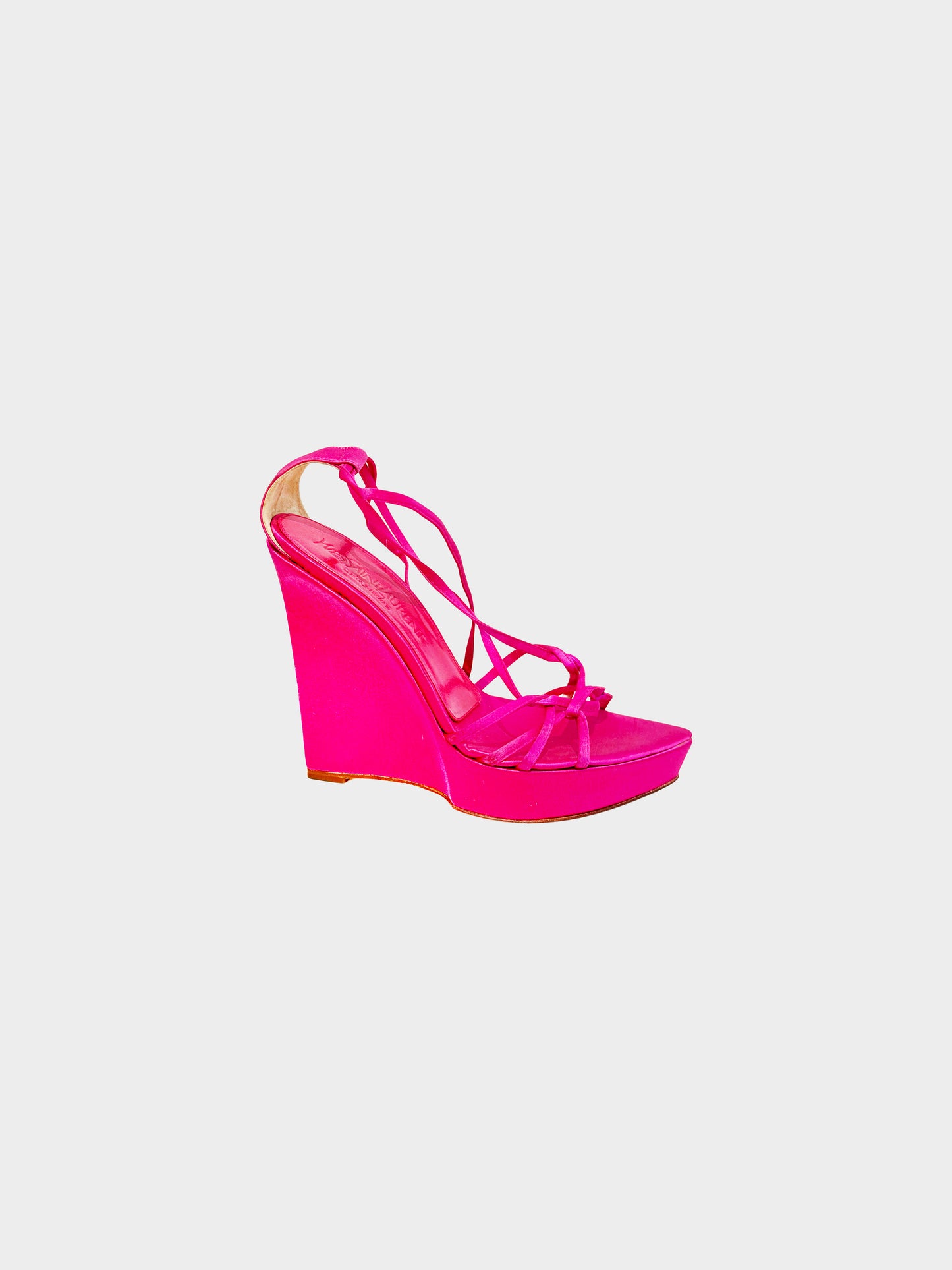 Yves Saint Laurent by Tom Ford Early 2000s Rive Gauche Pink Satin Strappy Wedge Heels