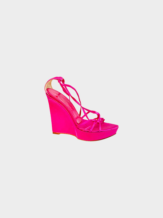 Yves Saint Laurent by Tom Ford Early 2000s Rive Gauche Pink Satin Strappy Wedge Heels