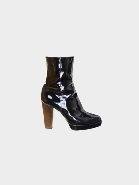 Yves Saint Laurent 2000s Black Vinyl Leather Ankle Boots