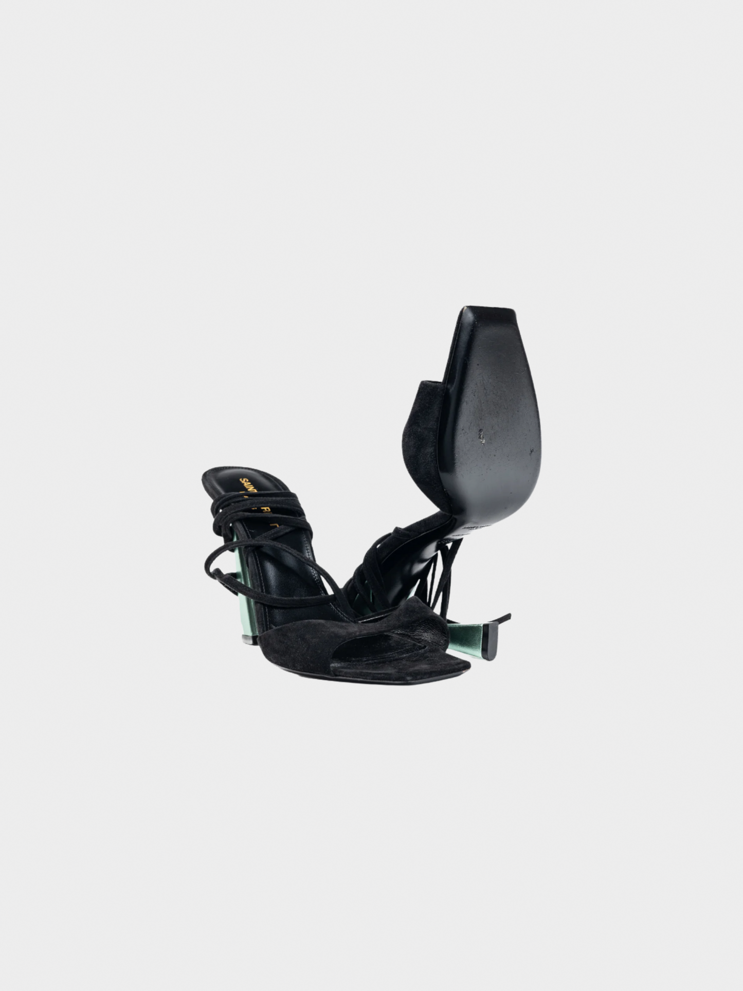 Yves Saint Laurent 2010s Paz Black Suede Lace-Up Green-Heeled Sandals