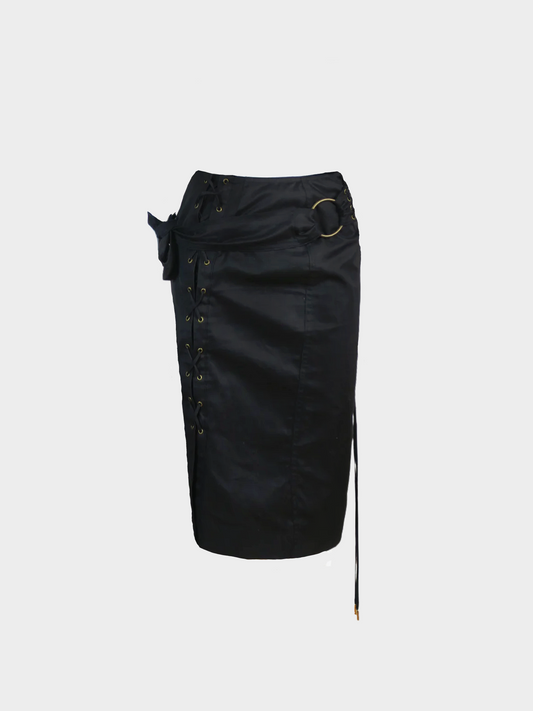 Yves Saint Laurent by Tom Ford 2000s Black Cotton Lace Up Midi Skirt