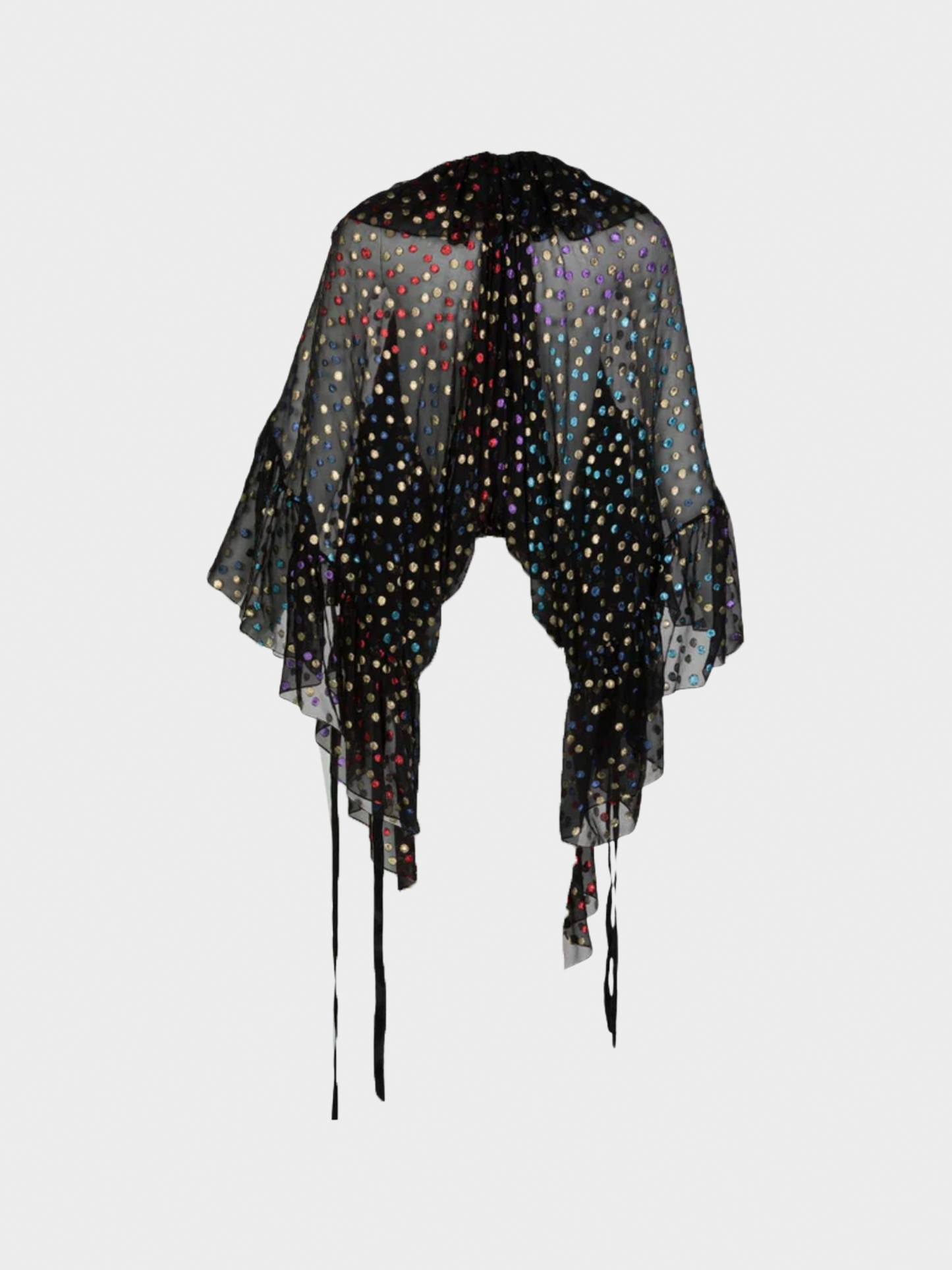 Yves Saint Laurent SS 2018 Runway Black Silk Metallic Dot Ruffle Cape Blouse Top