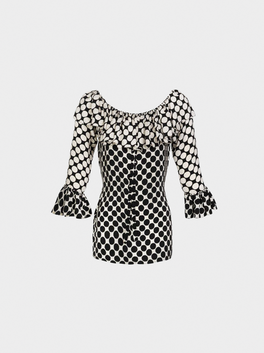 Yves Saint Laurent 1985 Black and White Polka Dot Ruffle Blouse