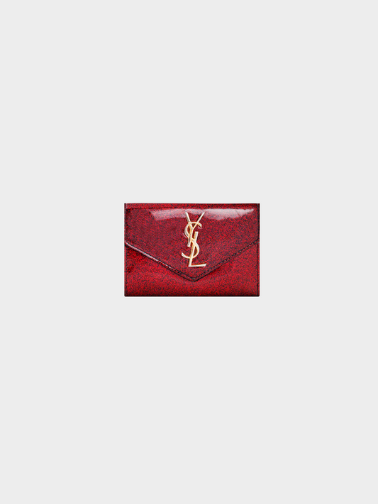 Yves Saint Laurent 2010s Fuchsia Glitter Patent YSL Leather Wallet