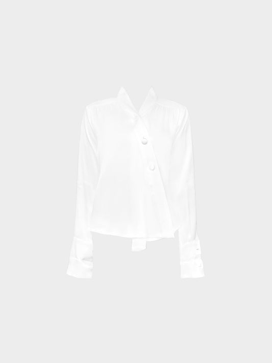 Yves Saint Laurent 1990s White Asymmetrical Button-down Long Sleeve Silk Blouse