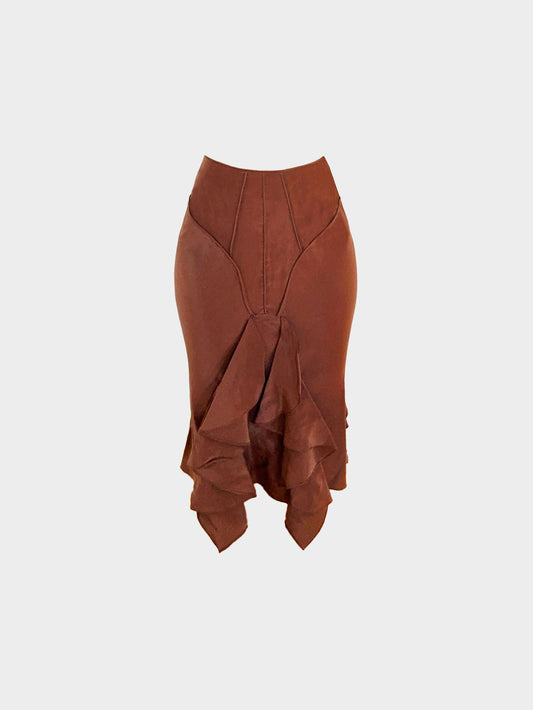 Yves Saint Laurent Rive Gauche SS 2003 Runway Brown Ruffled Silk Skirt