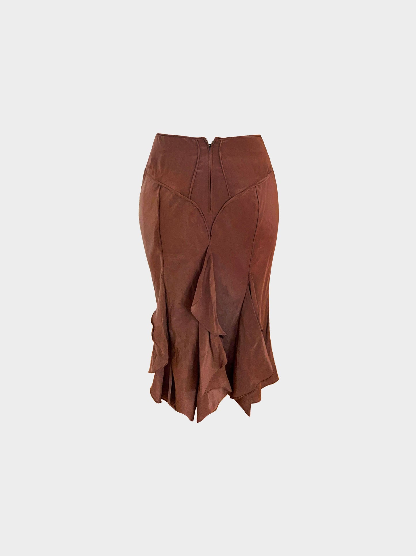 Yves Saint Laurent Rive Gauche SS 2003 Runway Brown Ruffled Silk Skirt