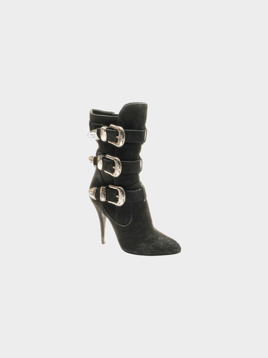 Giuseppe Zanotti x Balmain 2010s Black Suede Buckled Mid-calf Boots