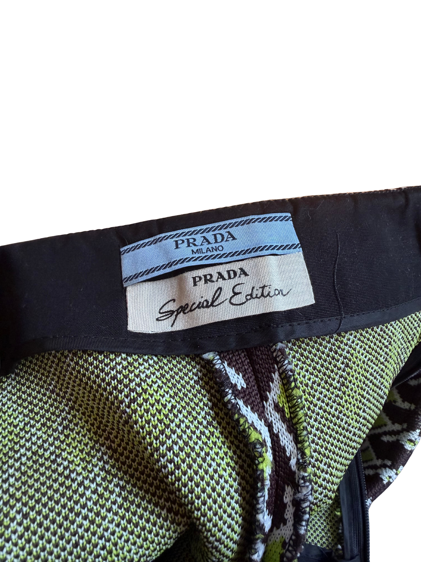 Prada SS 2019 Brown and Green Geometric Print Wool Shorts with Belt
