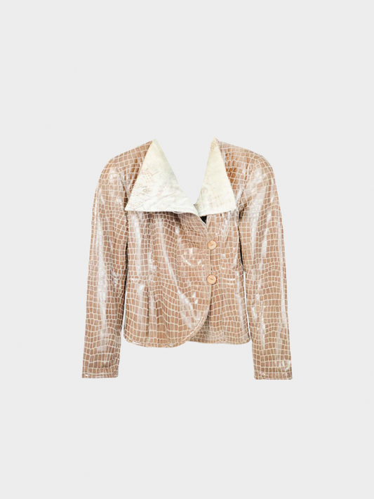 Giorgio Armani 2000s Taupe Snakeskin-Pattern Leather Buttoned Jacket