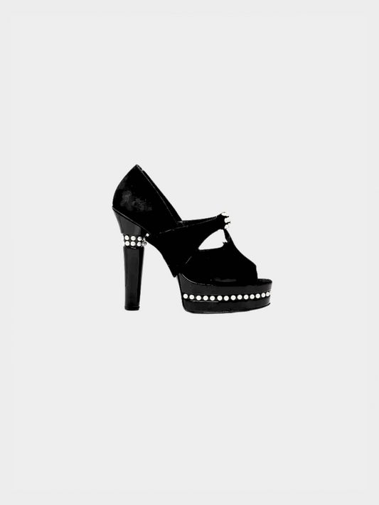 Chanel 2009 Black Suede Open Toe Faux Pearl Pumps