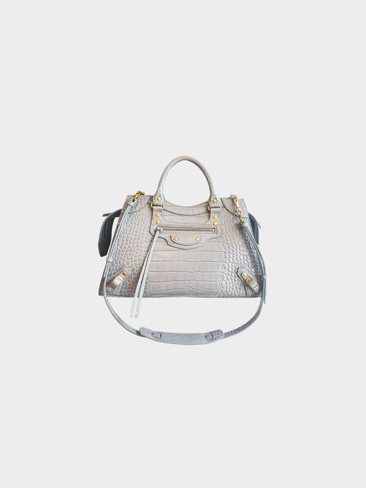 Balenciaga 2021 Grey Croc Embossed Neo Classic City Tote