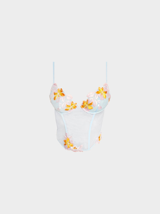 La Perla 2010s Light Blue Floral Mesh Bustier Corset Top