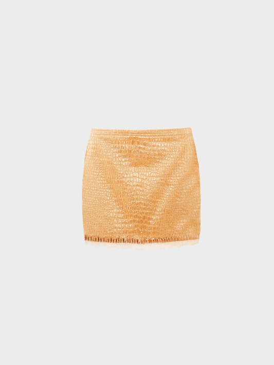 Blumarine 2000s Gold Croco Mini Skirt with Lace Details