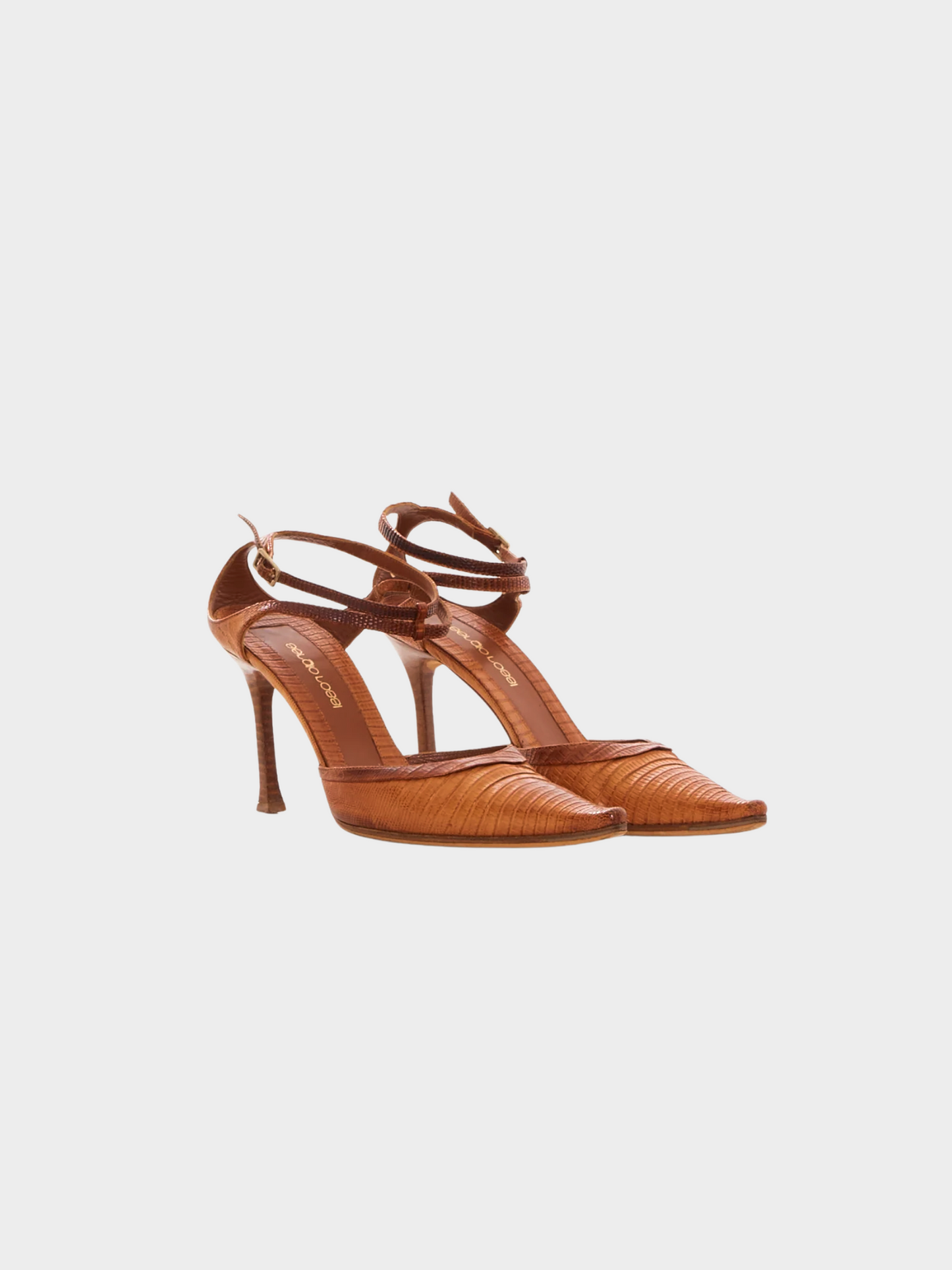 Sergio Rossi 2000s Brown Lizard Leather Pointed Toe Ankle Strap Sandals