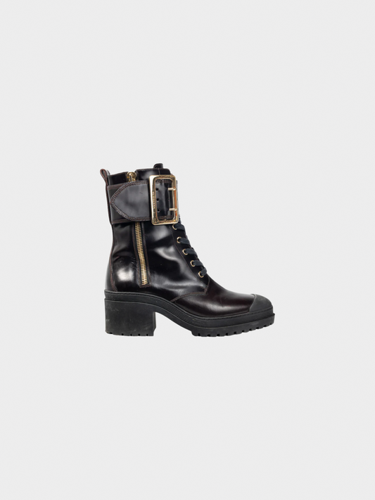 Burberry 2017 Scarcroft 50 Bordeaux Buckled Glossed-Leather Combat Boots