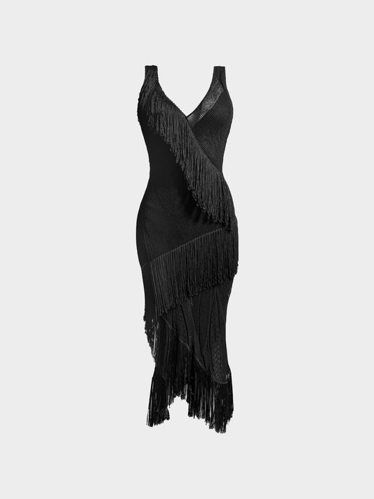 Roberto Cavalli 2000s Black Knitted Mesh Fringe Long Dress