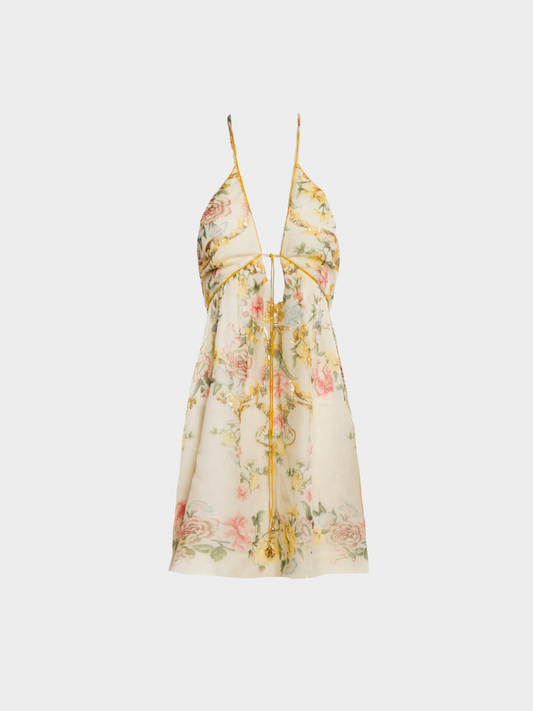 Roberto Cavalli 2007 Yellow Sheer Floral Mini Dress