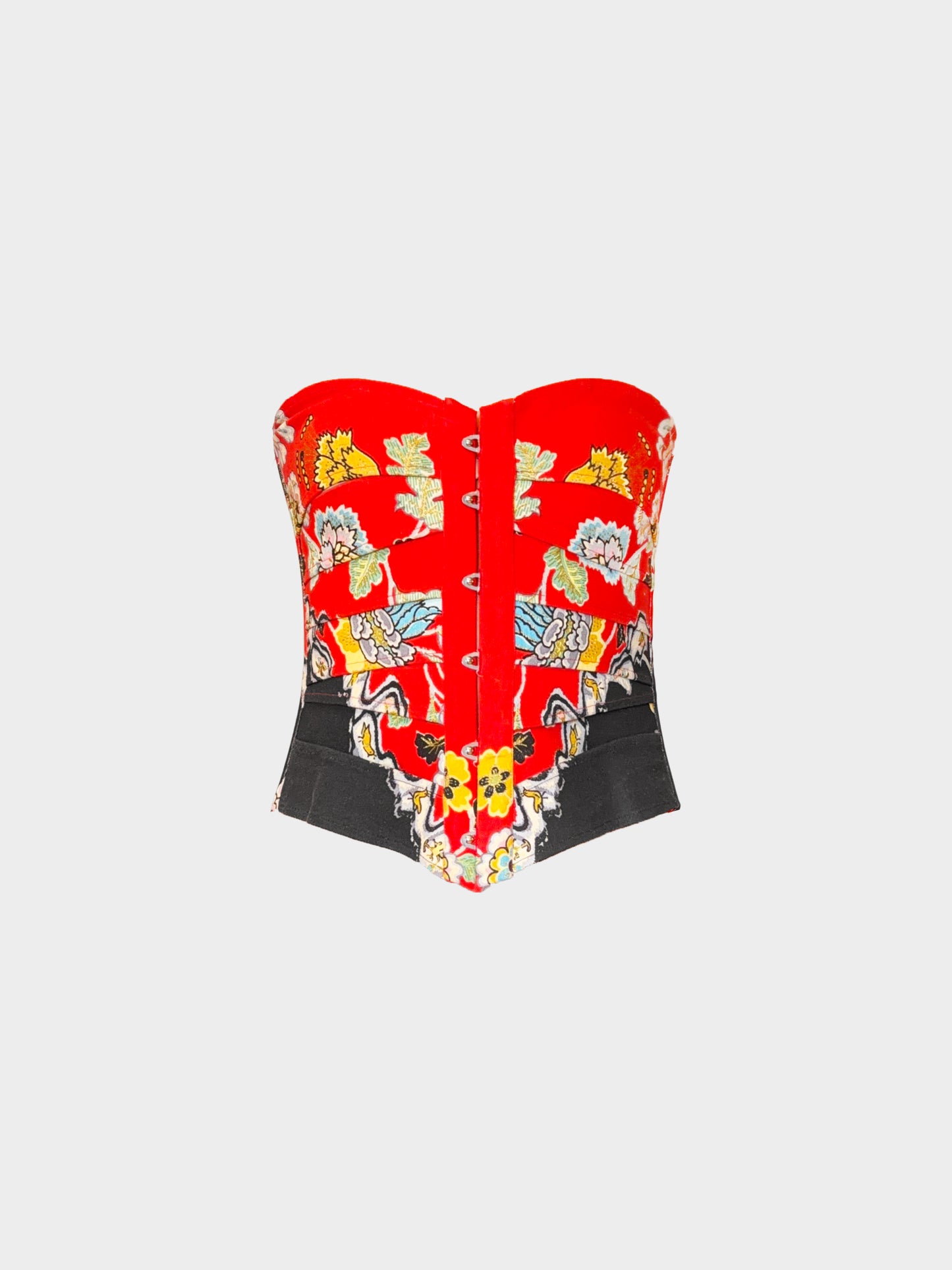 Roberto Cavalli SS 2003 Black and Red Floral Print Cotton Corset
