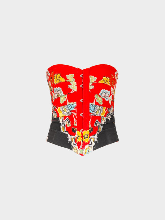 Roberto Cavalli SS 2003 Black and Red Floral Print Cotton Corset