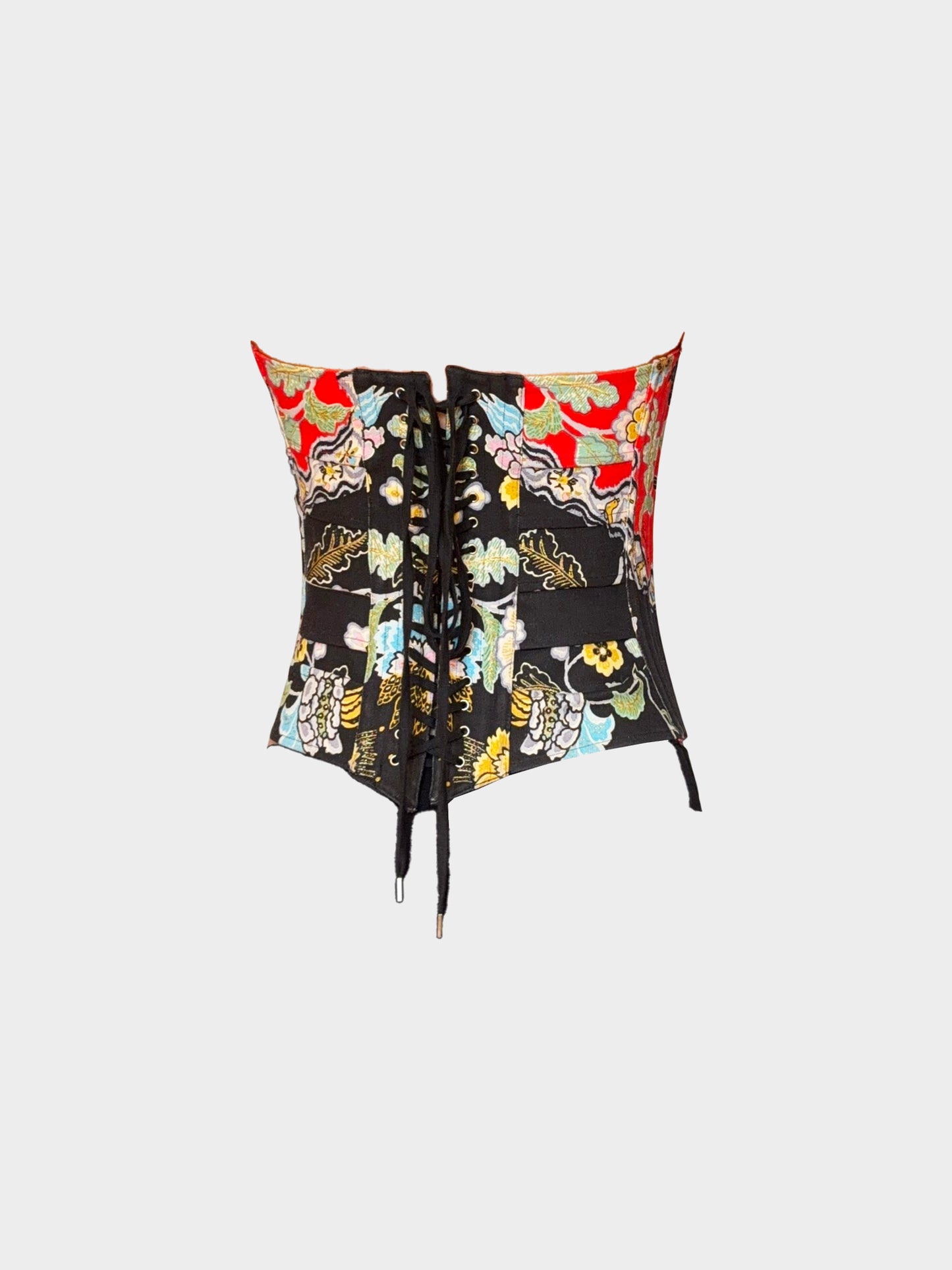 Roberto Cavalli SS 2003 Black and Red Floral Print Cotton Corset