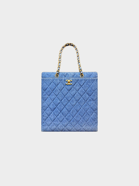 Chanel 1997-1999 Denim Blue Quilted CC Tote Bag